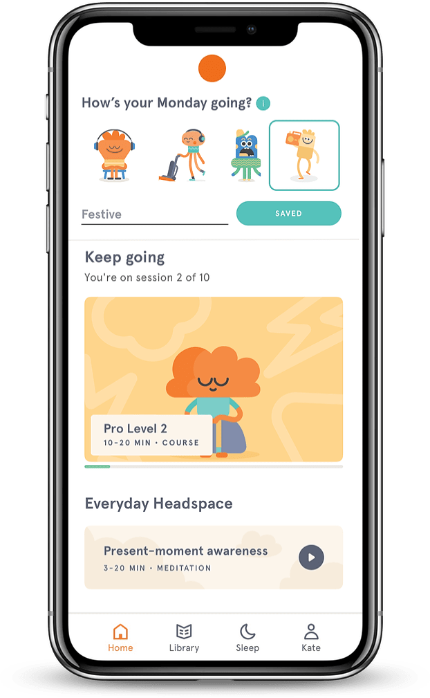 Mockup of Headspace app's landing page for users. At the top is a prompt "How's your Monday going," 4 character prompts of different emotions, and a free text field.