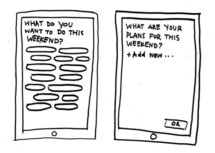 Sketches of prompts for the user to type in their weekend plans
