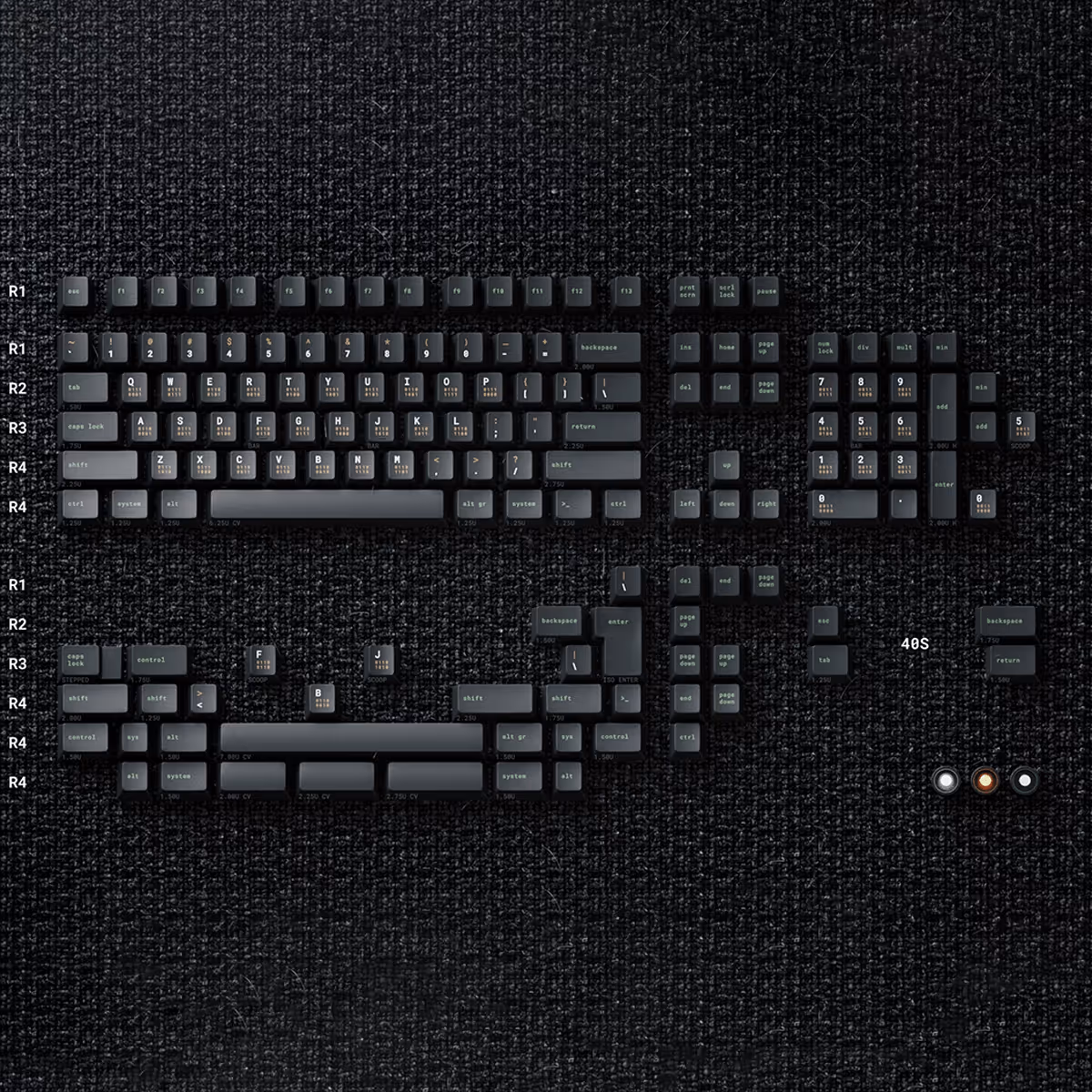 Keycaps inspired by workstations of the past with their iconic orange or green displays and monospaced typefaces. Text-only legends, and some subtle details provided by the binary sublegends to give this set a nice retro look.