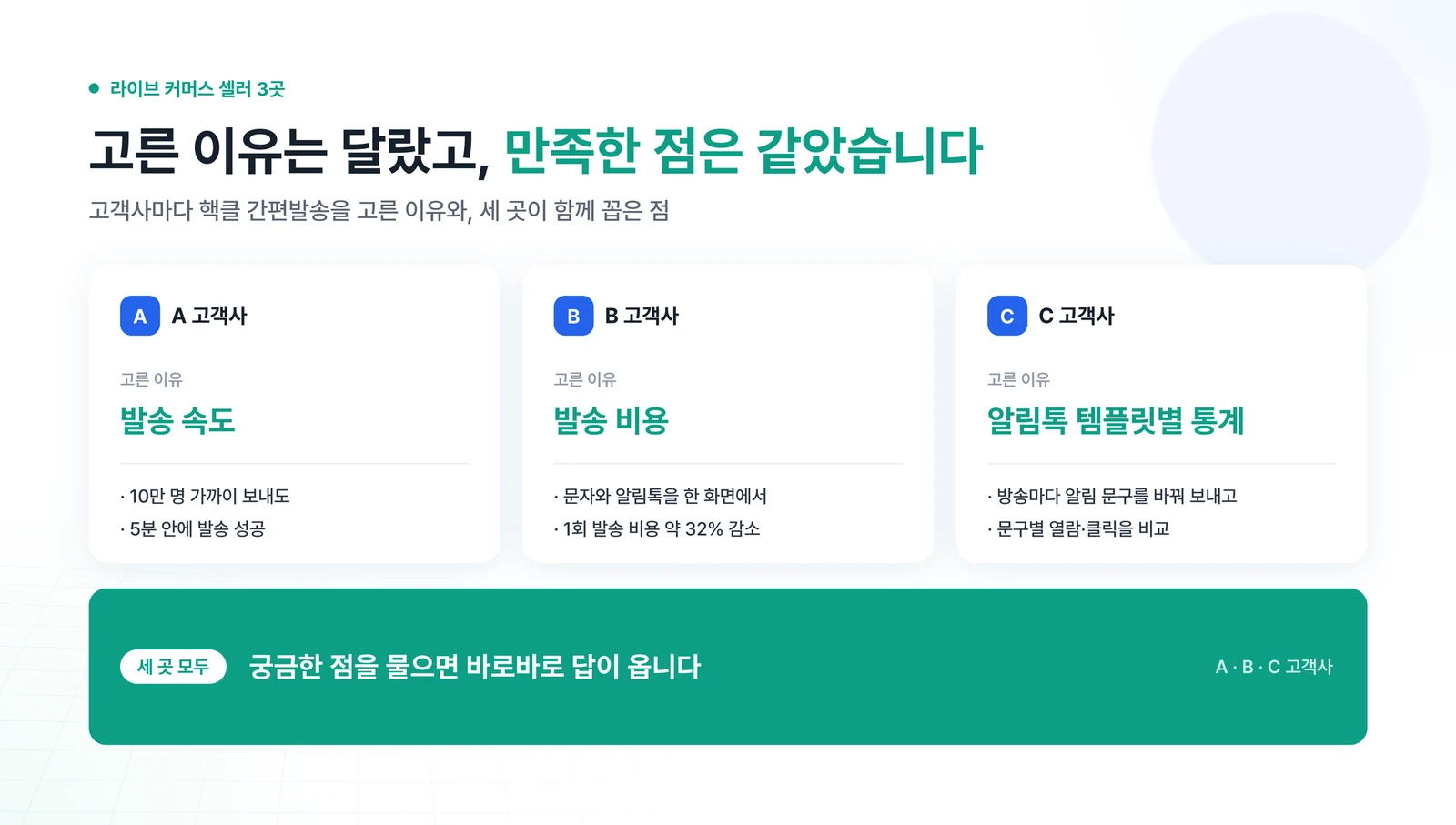 세 고객사가 핵클 간편발송을 고른 이유와 함께 꼽은 점