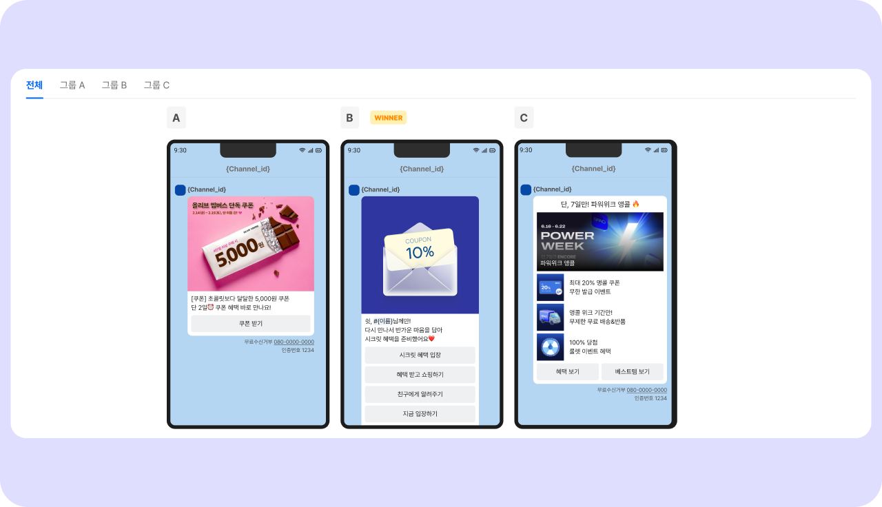 브랜드 메시지 A/B 테스트 화면 예시