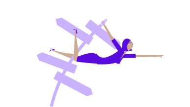 Illustration of a person in purple clothing flying and pointing forward amid abstract directional arrows.