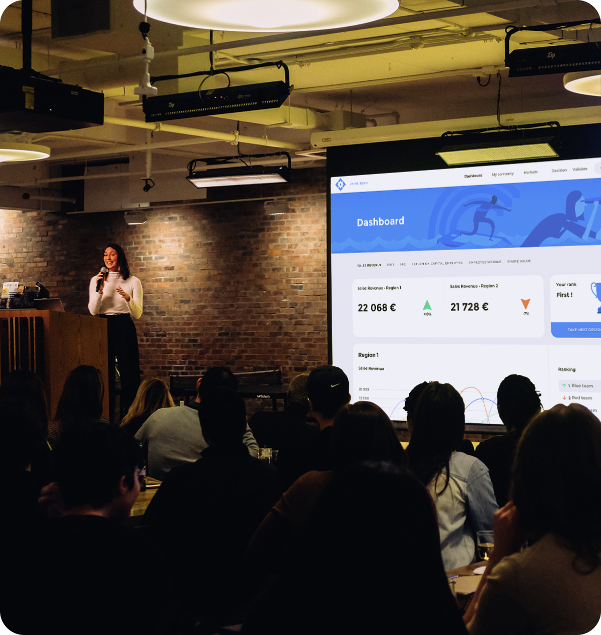 A woman presenting with a microphone in front of an audience, with a large dashboard displaying a business simulation.