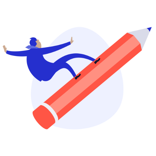 Illustration of a person in blue riding a large red pencil like a surfboard.