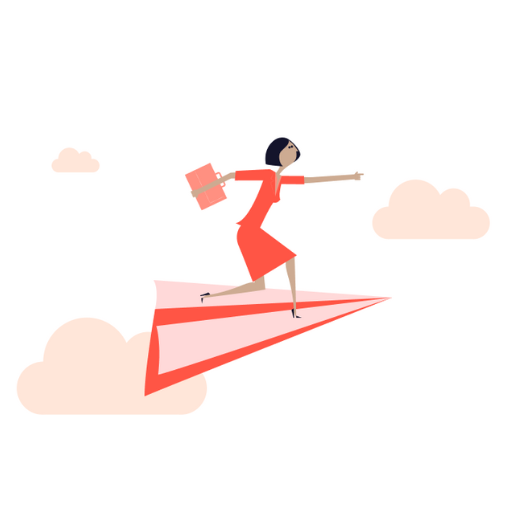 Illustration of a businesswoman in red riding a large red paper airplane through the sky with clouds around.