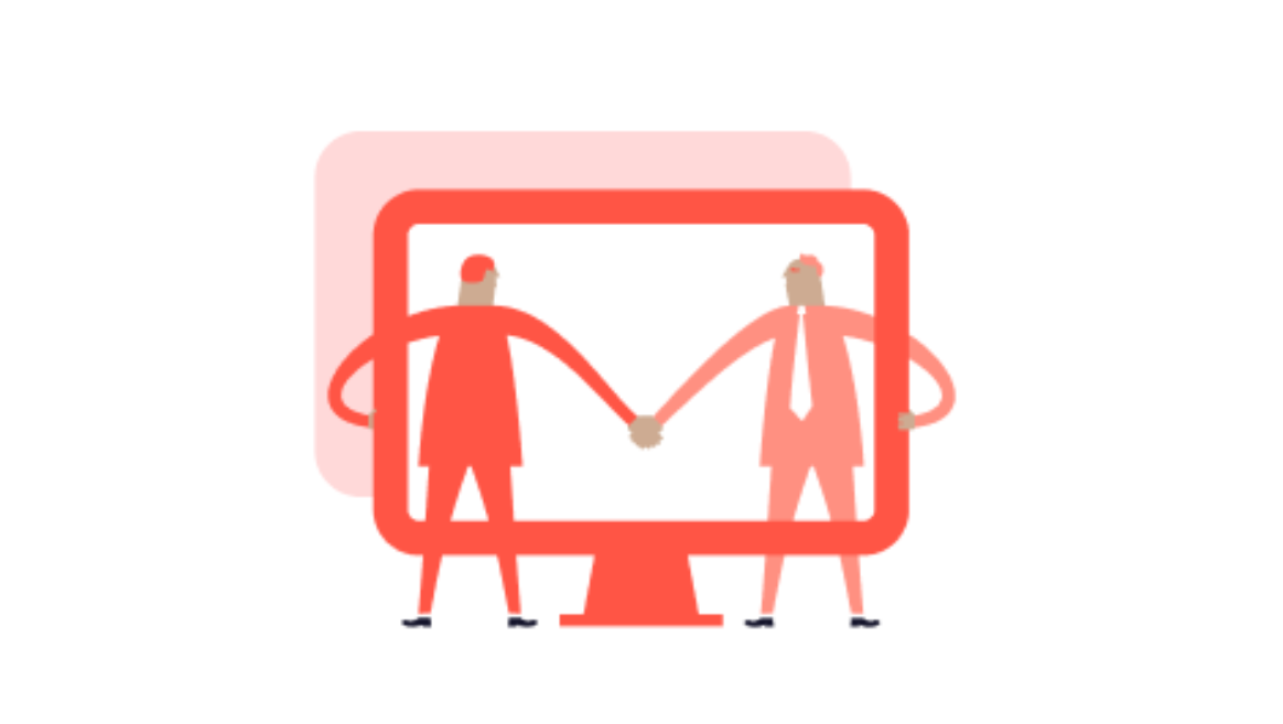 Illustration of two stylized figures shaking hands through a large computer monitor.