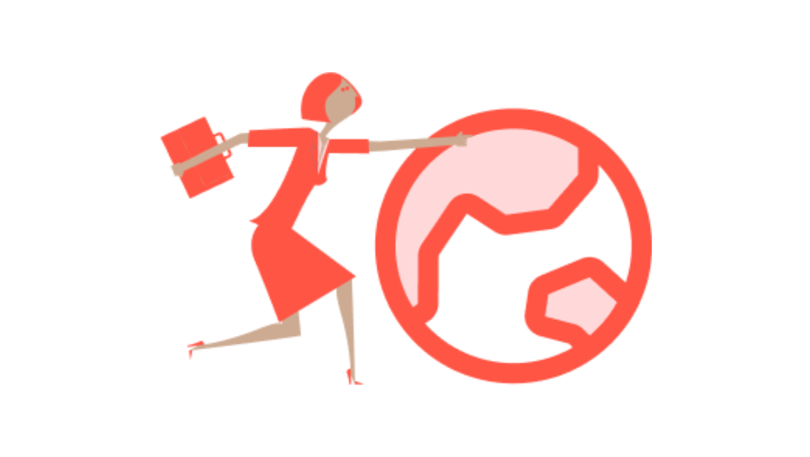 Illustration of a woman in a red dress holding a briefcase and pushing a stylized globe representing the languages of the Competitive Advantage Simulation.