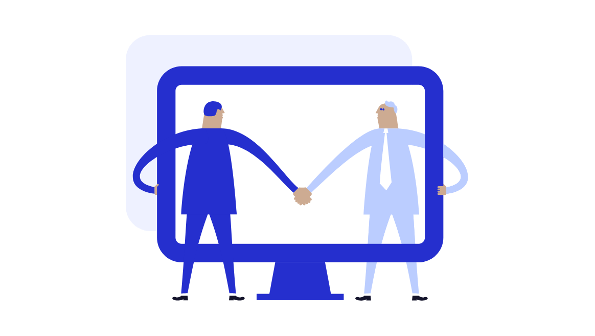 Illustration of two men shaking hands through a computer monitor, symbolizing virtual agreement or partnership representing the technical icon of the Human Capital Challenge