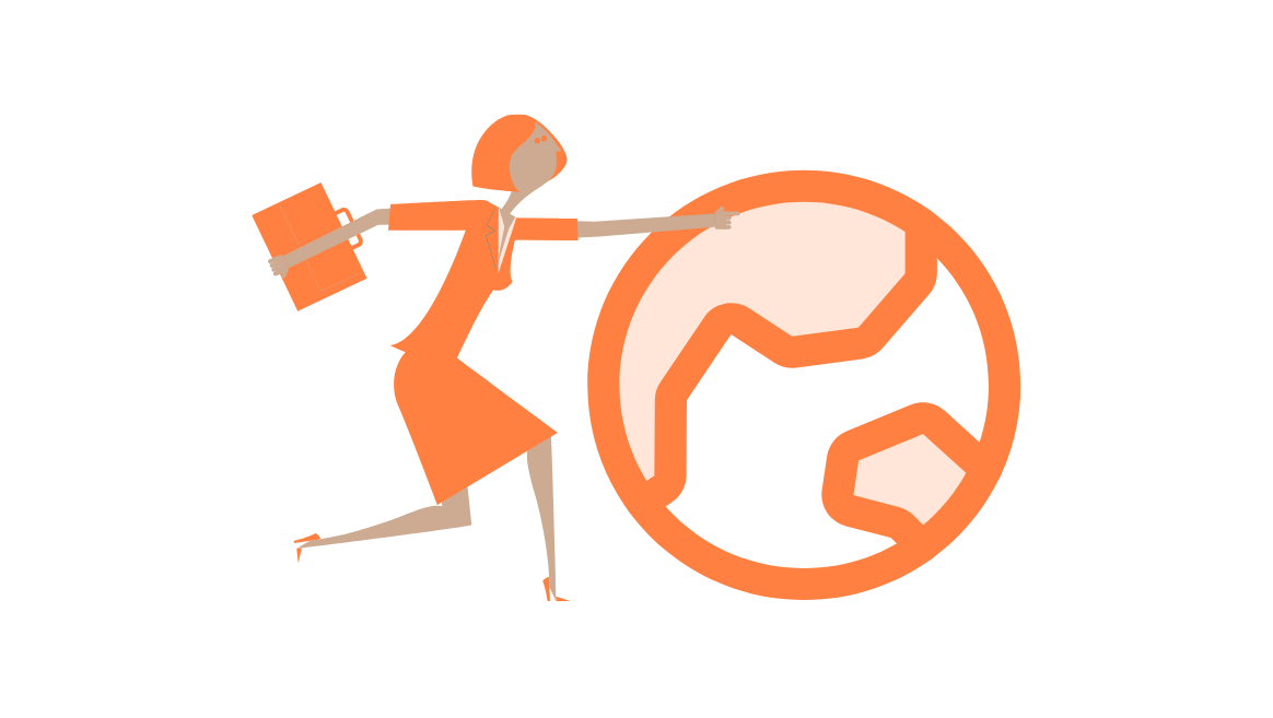 Illustration of a woman in an orange dress holding a briefcase and pointing toward a large stylized globe representing the the Healthcare Strategy Simulation languages