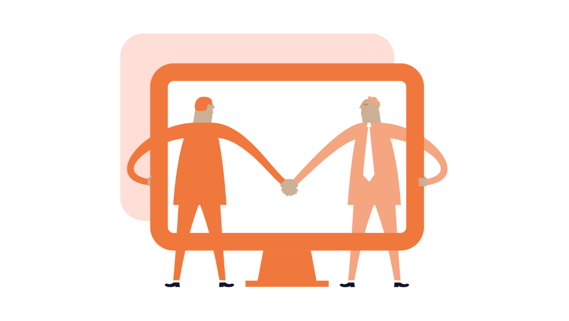 Illustration of two stylized figures shaking hands through a computer monitor, symbolizing virtual agreement or partnership repreenting the Healthcare Strategy Simulation technicalities.