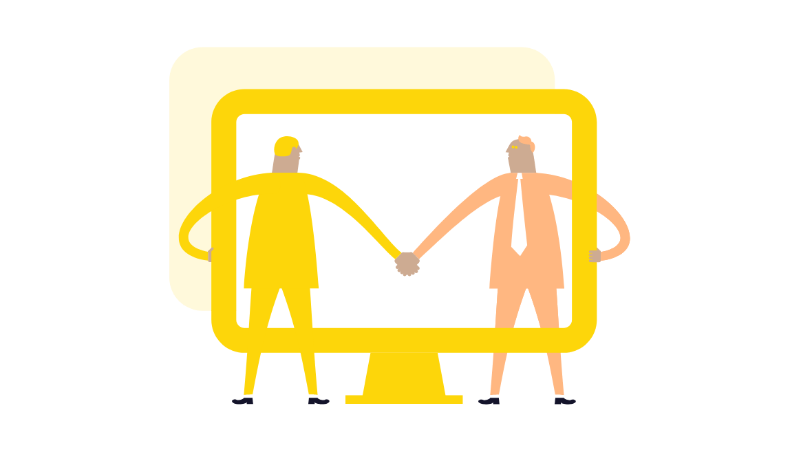 Illustration of two business people shaking hands through a large yellow computer screen of the Business Odyssey Simulation