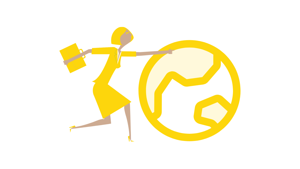 Illustration of a woman in a yellow dress and heels holding a briefcase and pushing a large yellow outlined globe of the Business Odyssey Simulation