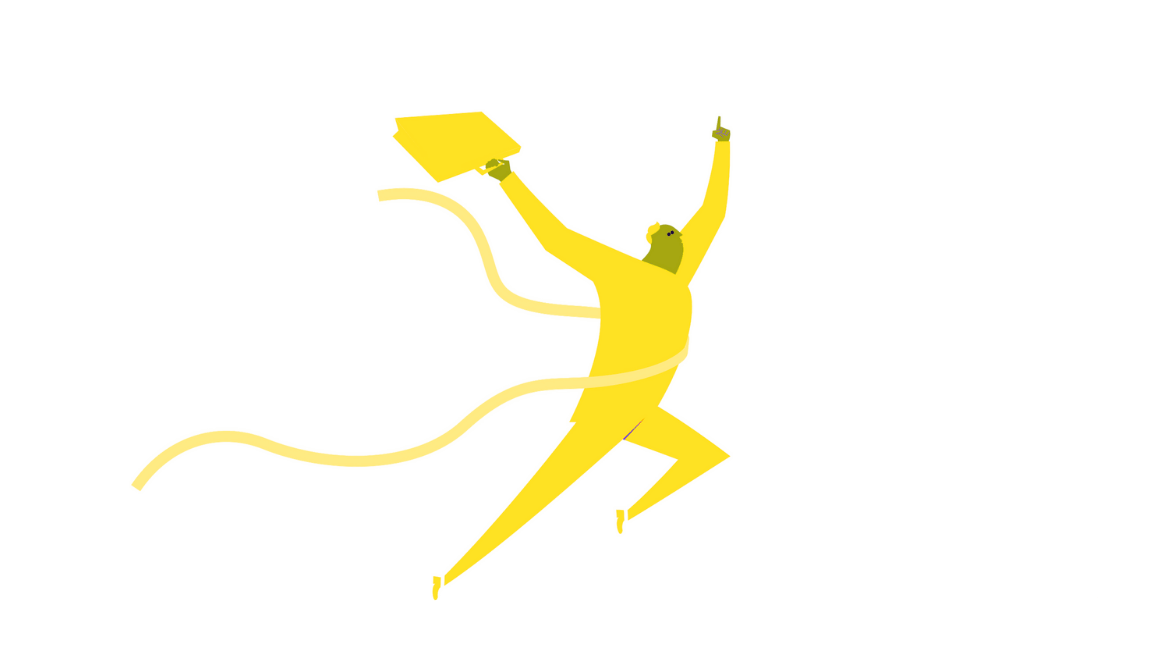 Stylized yellow figure of the Business Odyssey Simulation crossing a finish line ribbon while holding a folder and pointing upwards.