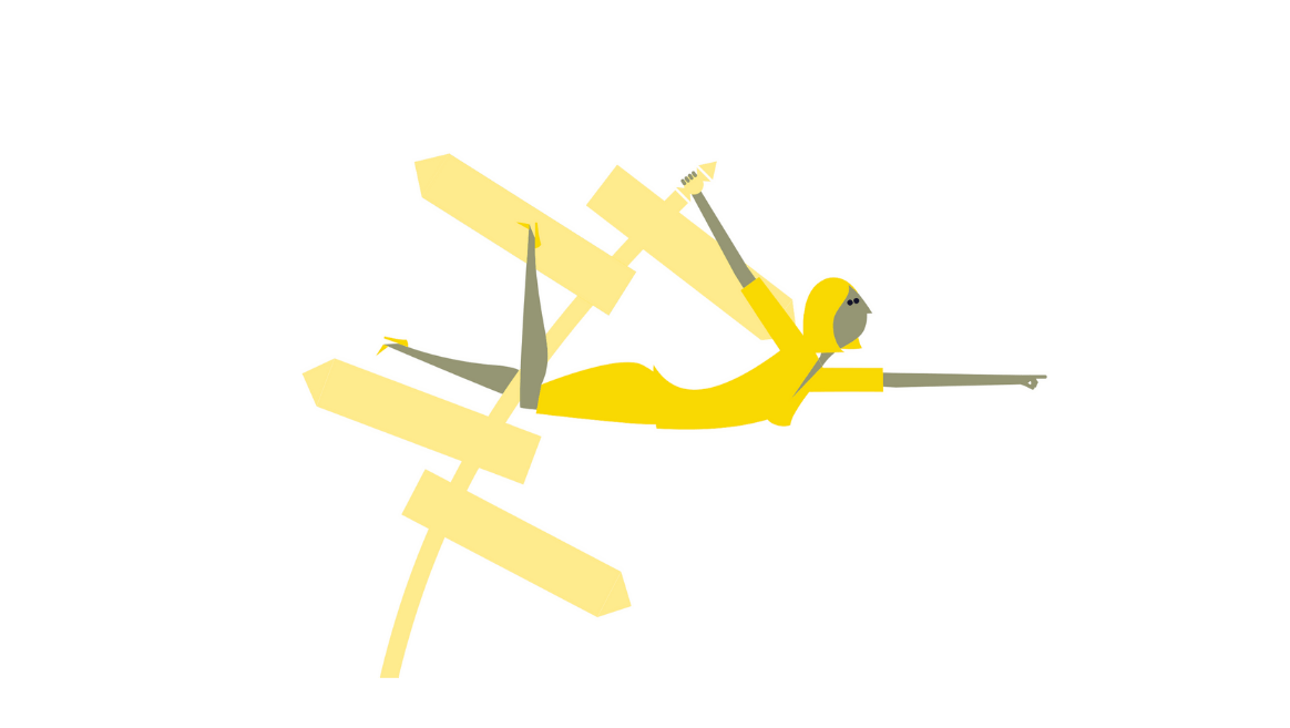 Illustration of a woman in a yellow dress flying and holding a yellow directional signpost, pointing forward of the Business Odyssey Simulation