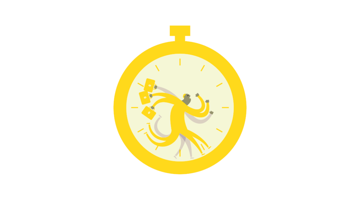 Yellow stopwatch with a person inside depicted in motion juggling briefcases and running, representing busy multitasking (the Business Odyssey Simulation)