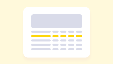 Simplified icon of a table or spreadsheet with one highlighted yellow row against a white rounded rectangle on a pale yellow background.