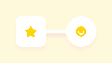 Yellow star icon in a rounded square connected by a faint line to a white circle with a golden smiley face on a pale yellow background.