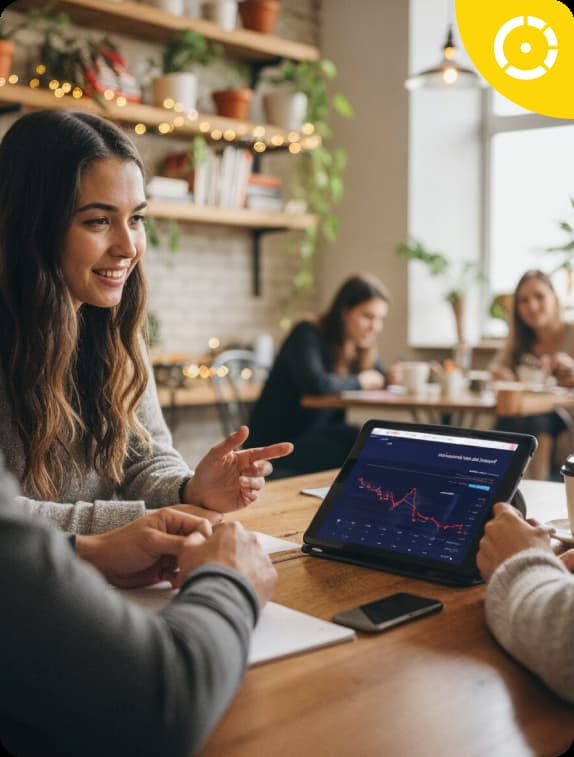 A woman pointing at a tablet displaying a chart of the Business Sustainability Challenge while discussing with colleagues in a cozy office setting.