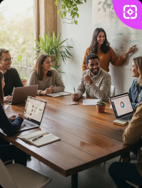 Five colleagues collaborating in a bright office around a wooden table with laptops, notebooks, and a potted plant, while one woman points to notes on a whiteboard.