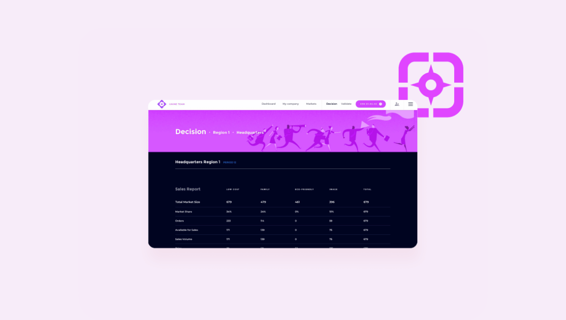 Dashboard interface titled 'Decision Region 1 Headquarters' showing a sales report table with categories like total market size, market share, orders, available for sales, and sales volume alongside a purple target icon on the right.