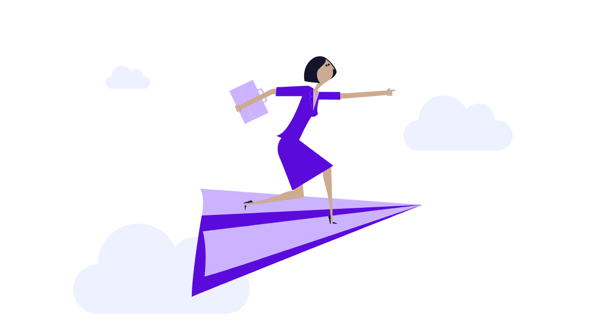 Illustration of a woman in a purple dress holding a briefcase, standing on a flying paper airplane among clouds.