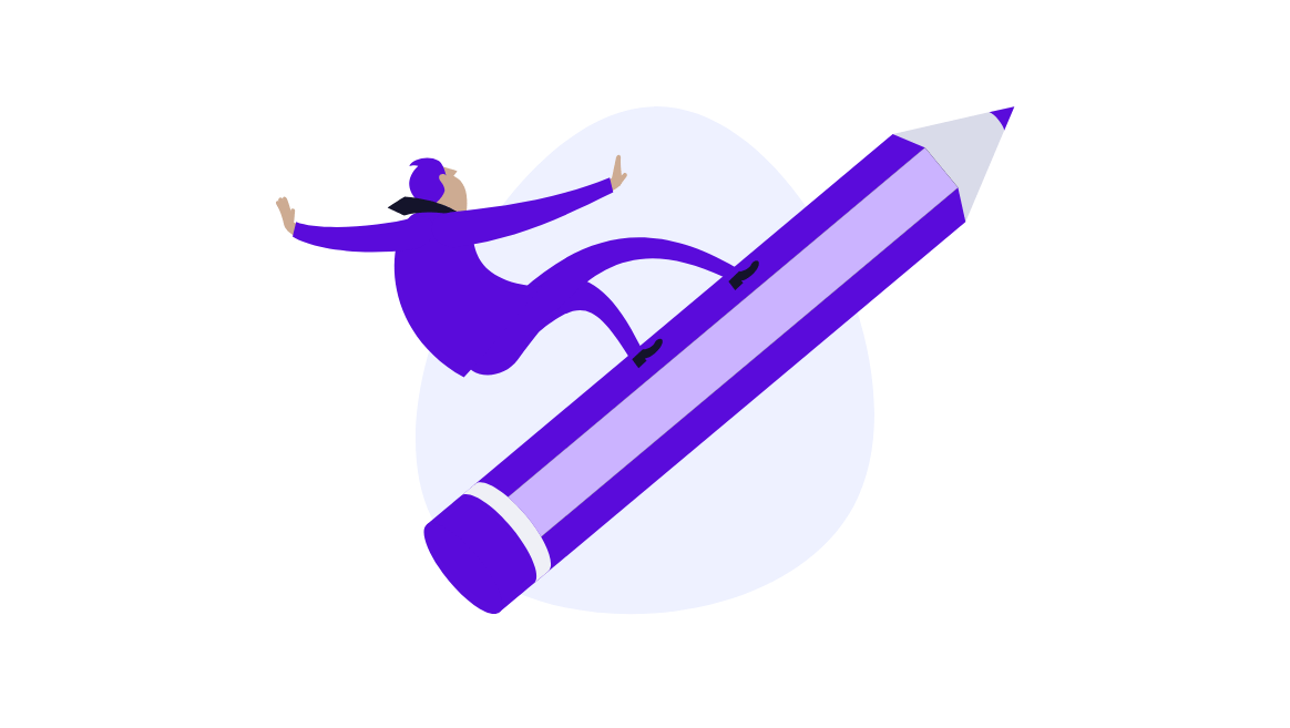 Illustration of a person riding a large purple pencil angled upward.