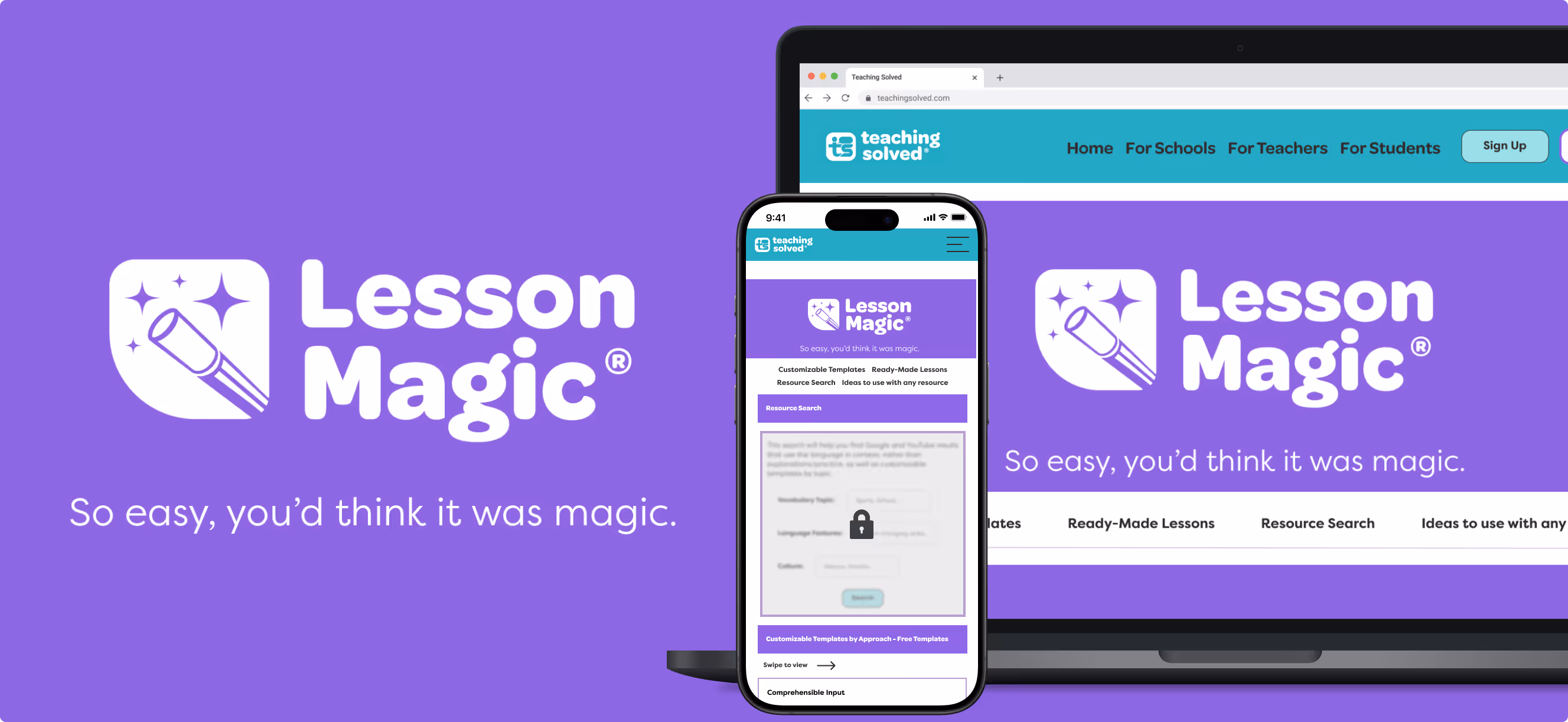 A card with an image of a mobile phone and a laptop with mockup images of Lesson Magic's website.