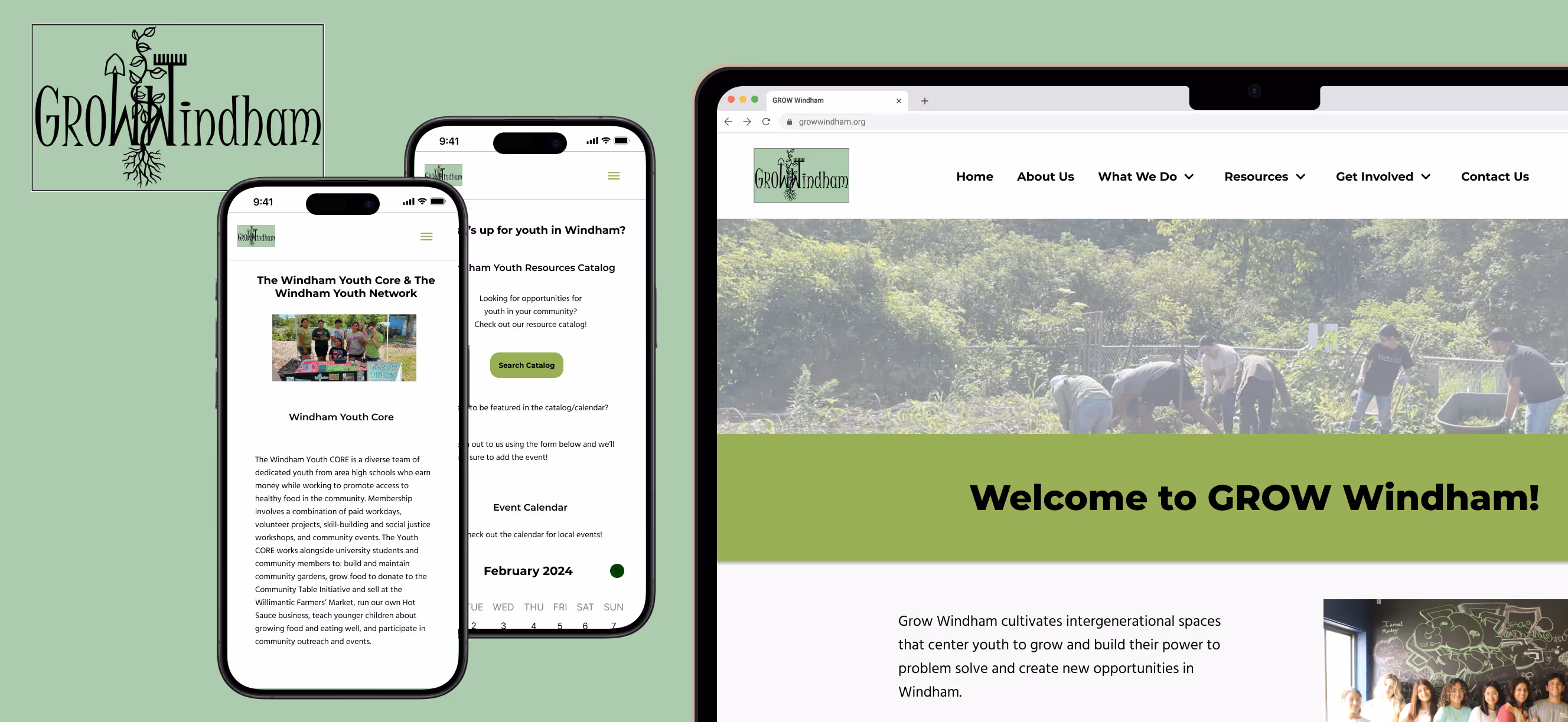 A card with an image of 2 mobile phones and a laptop with mockup images of GROW Windham's website.