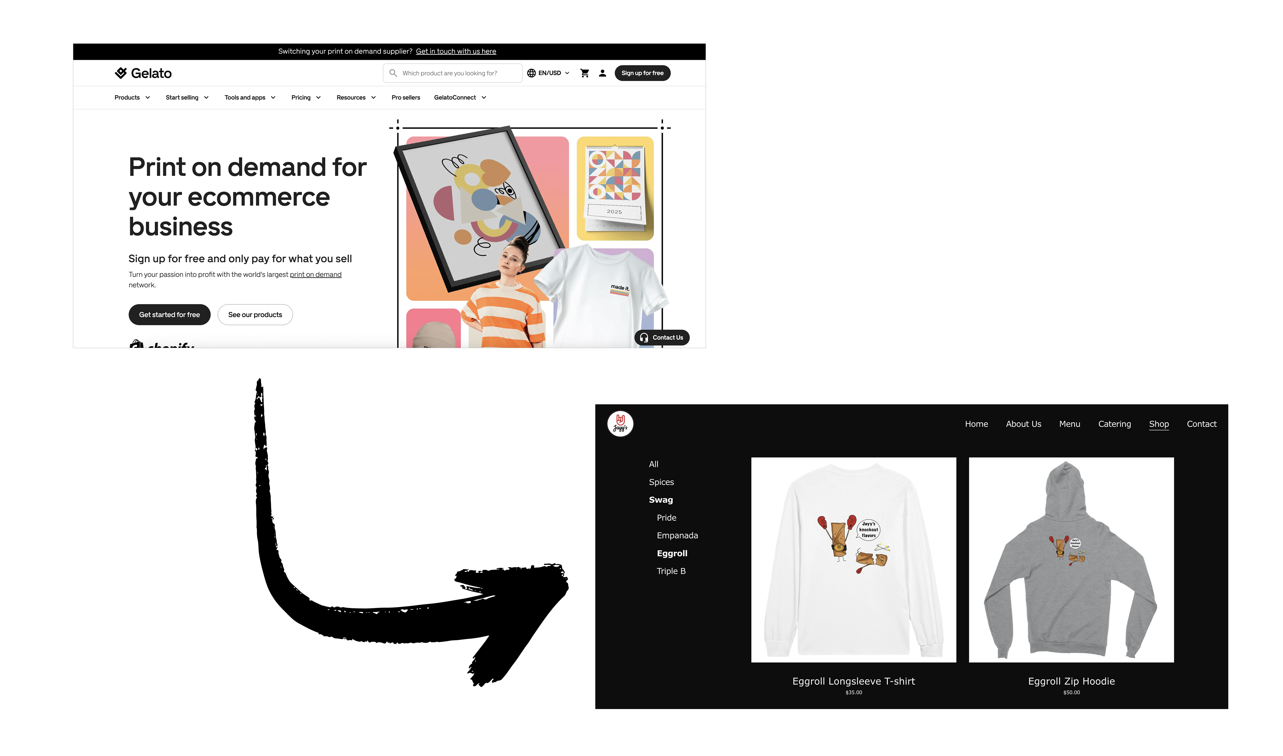 A screenshot of Gelato.com and a screenshot of jayysllc.com