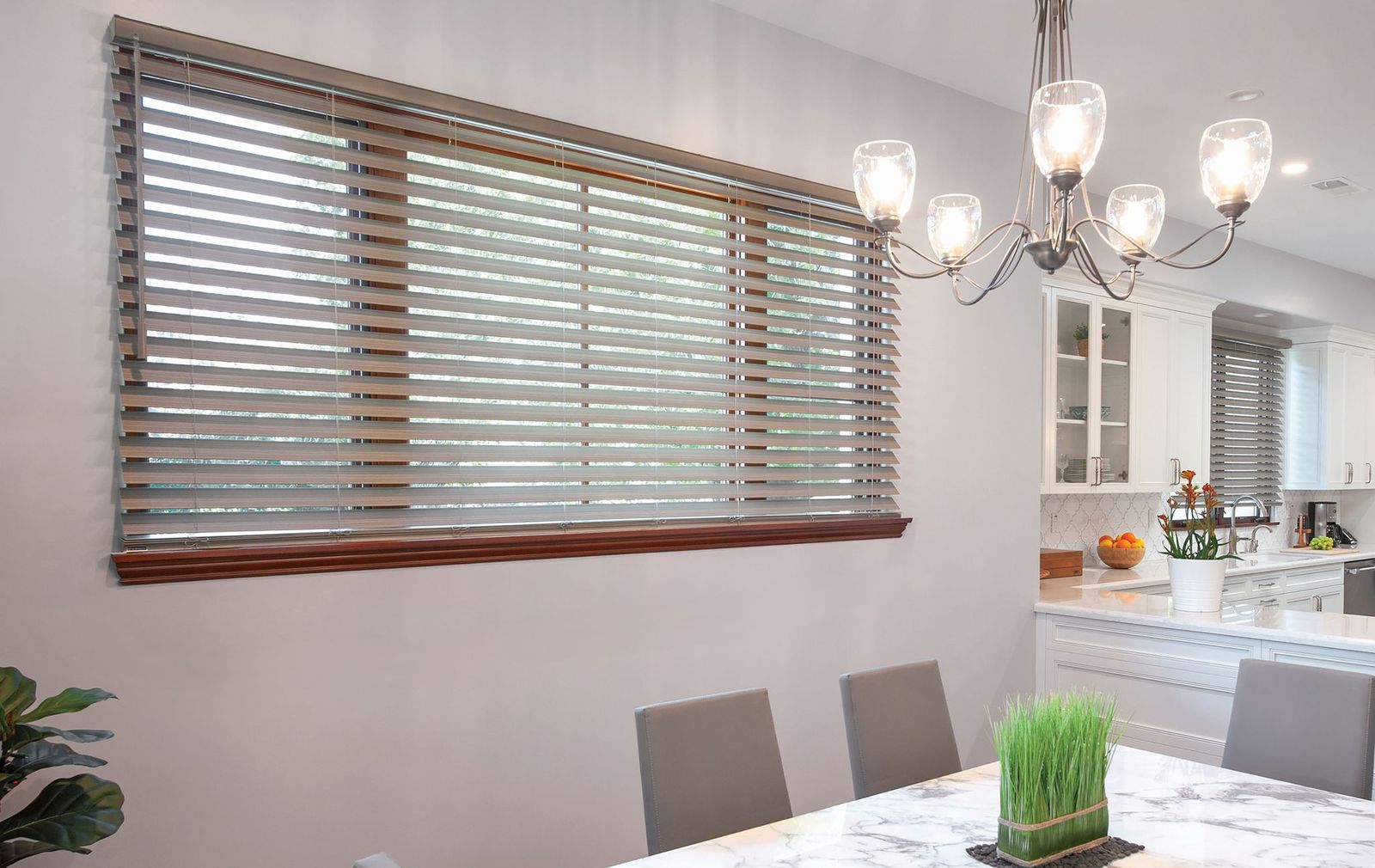 Custom blinds in a finished living room