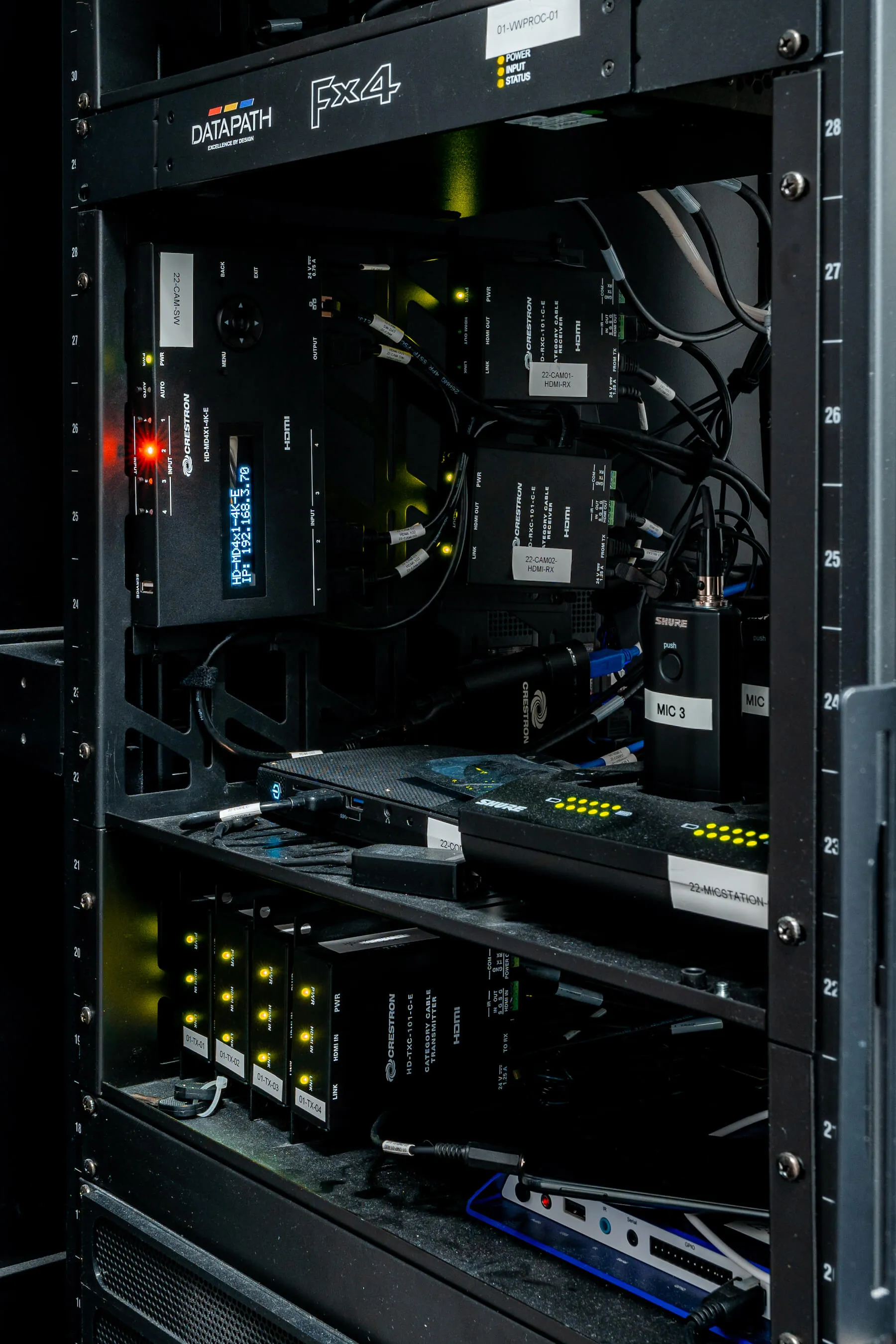 AV network rack with switches and controllers for an audio visual network system in NYC