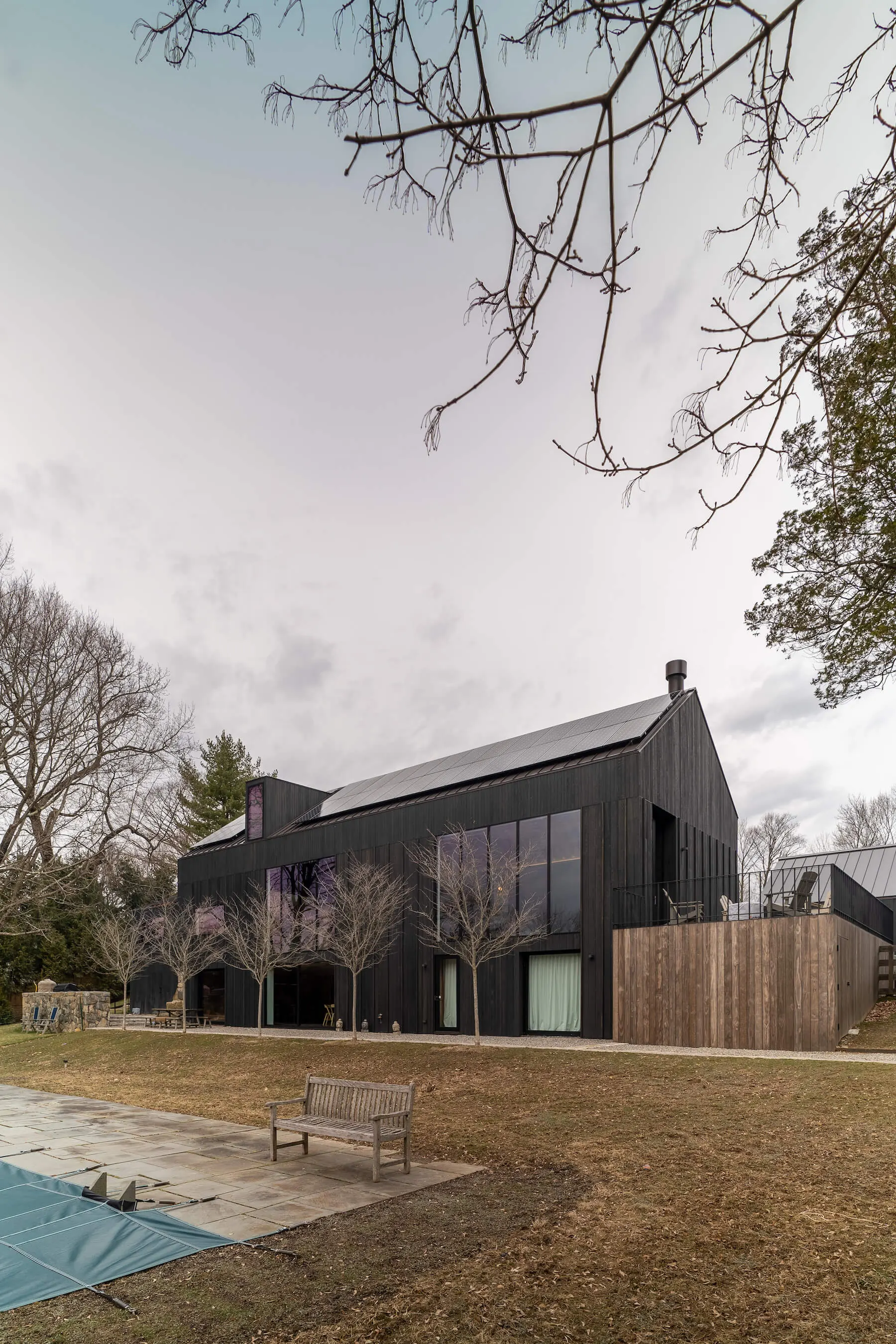 Exterior of the Westchester Residence, where PSE Audio Visual integrated lighting, intercom and gate control