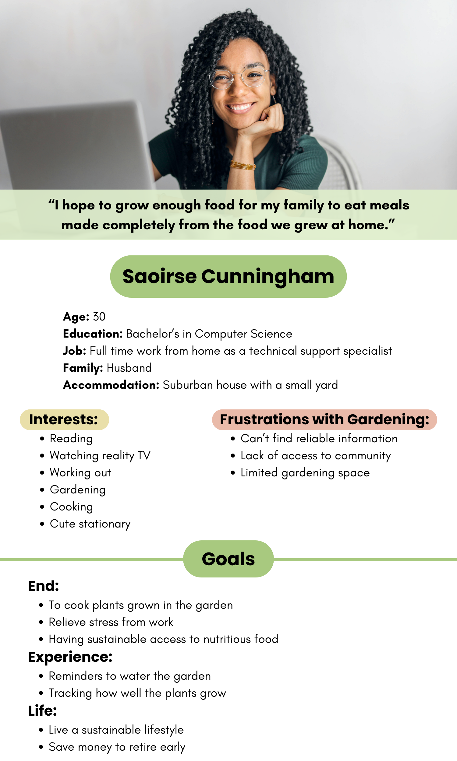 Portrait of a smiling woman with curly hair and glasses sitting behind a laptop, accompanied by a profile of Saoirse Cunningham detailing her age, education, job, family, accommodation, interests, gardening frustrations, and goals.