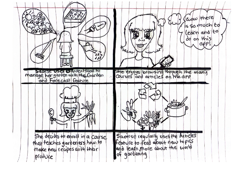 Hand-drawn comic divided into four panels illustrating a woman using a gardening app: managing her garden with tools and weather forecast, browsing courses and articles, enrolling in a cooking course with fresh produce, and reading articles to learn gardening tips.