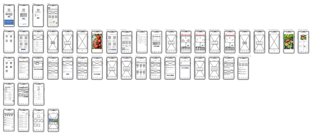 Wireframe and prototype screens of a mobile app showing login, image upload, editing, gallery views, and user interface elements.