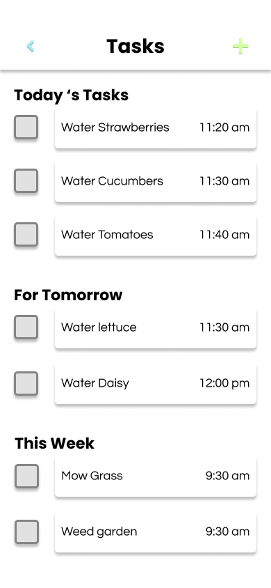 Task list app screen showing gardening chores with times: water strawberries, cucumbers, tomatoes today; water lettuce, daisy tomorrow; mow grass, weed garden this week.