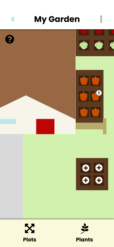 Digital garden layout showing a house, several plant plots with apples and vegetables, and interface buttons labeled Plots and Plants.