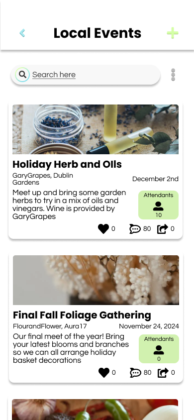 Mobile app screen showing local events listings including 'Holiday Herb and Oils' event with image of herbs and oils, and 'Final Fall Foliage Gathering' event with floral image.