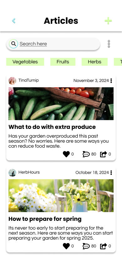 Mobile app screen titled Articles showing two posts: one about using extra cucumbers and tomatoes to reduce food waste, the other about spring garden preparation with yellow and white flowers.