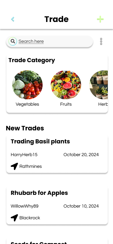 Trade app interface showing categories with circular images of vegetables, fruits, and herbs, and listing new trades like trading basil plants and rhubarb for apples with users and dates.