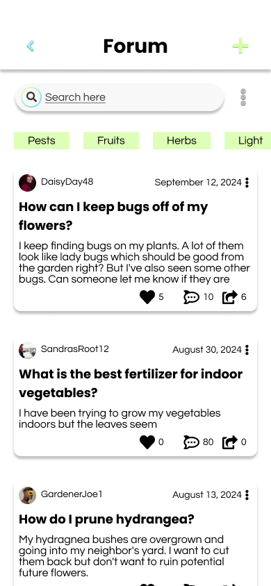 Mobile forum interface with gardening questions including bug control on flowers, best fertilizer for indoor vegetables, and pruning hydrangea, showing likes, comments, and share icons.
