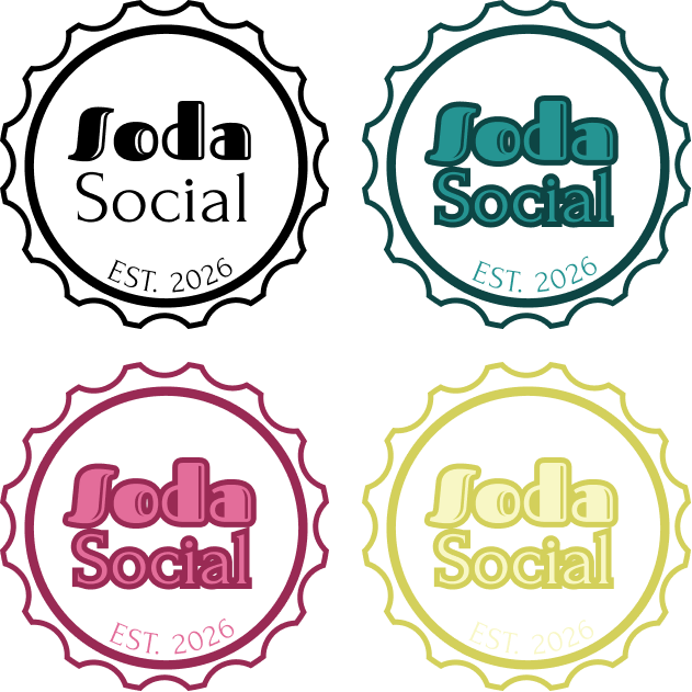 Three colorful bottle cap logos with the text 'Soda Social EST. 2026' in teal, pink, and light yellow colors.