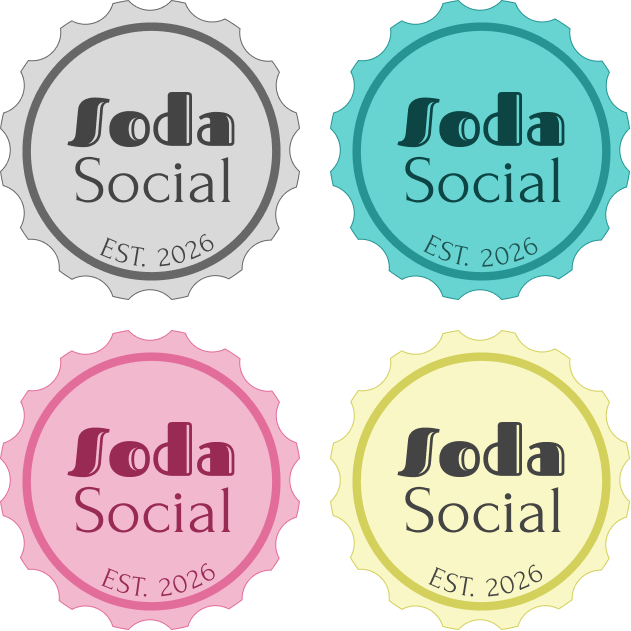 Four bottle cap-shaped logos with the text 'Soda Social' and 'EST. 2026', each in different colors: gray, teal, pink, and light yellow.