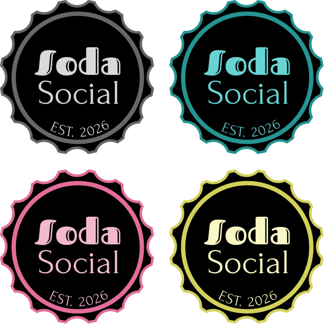 Four circular logos shaped like bottle caps with the text 'Soda Social EST. 2026' in different colors: gray, teal, pink, and yellow.