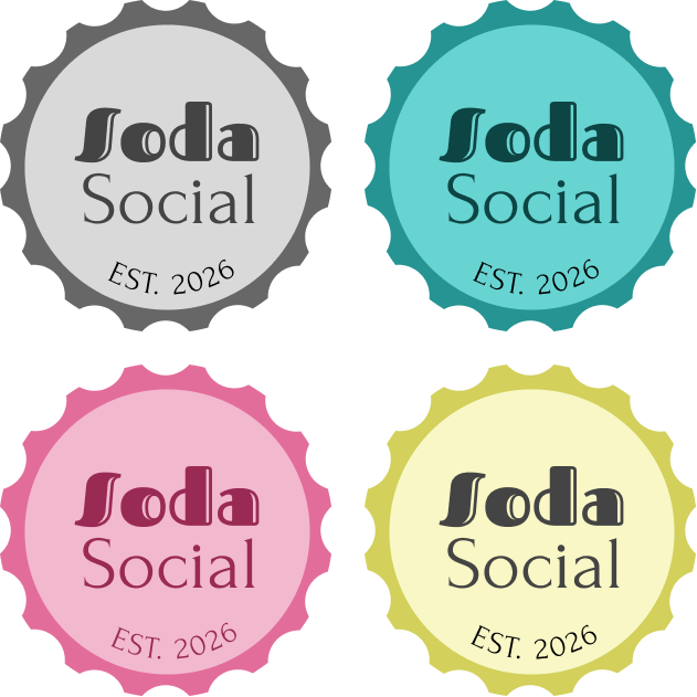 Four colorful bottle cap logos with the text 'Soda Social' and 'EST. 2026', in gray, teal, pink, and yellow.