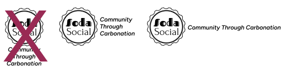Three variations of the Soda Social logo with the tagline 'Community Through Carbonation', showing differences in logo placement and text alignment.