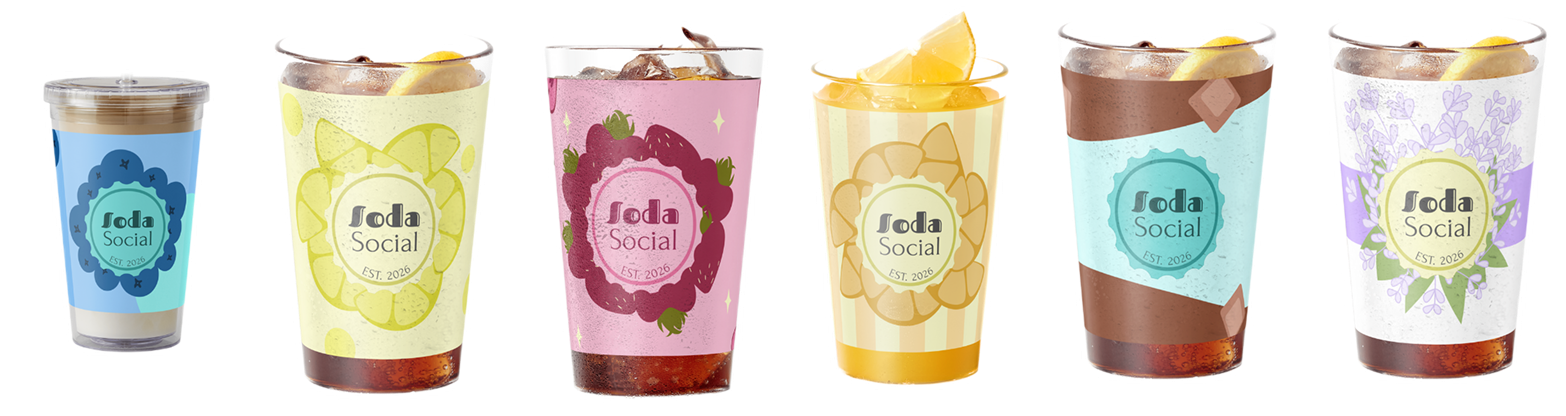 Six different Soda Social branded iced drinks in clear cups, each with distinct colorful labels and garnish like lemon slices.
