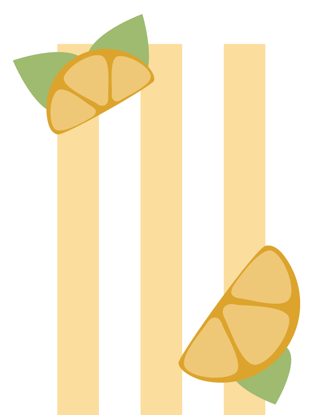 Stylized illustration of two lemon wedges with two green leaves on the top left and bottom right corners over three vertical beige bars on black background.
