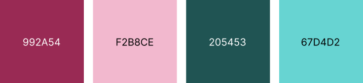 Four color swatches displayed horizontally with hex codes: dark magenta 992A54, soft pink F2B8CE, dark teal 205453, and light turquoise 67D4D2.