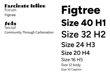 Typography sample showing the Figtree font family with different sizes and weights labeled as H1 to Caption.